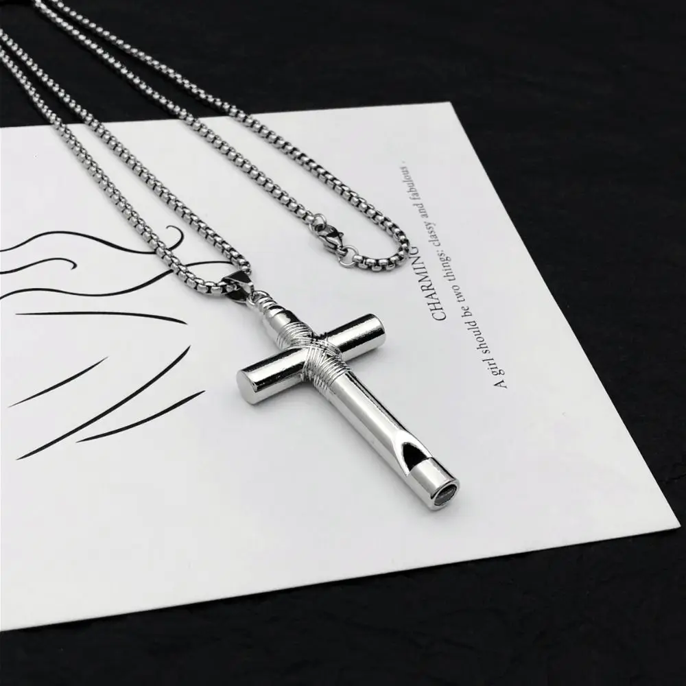 Creative Cross Whistle Necklace Simple Chain Minority Halloween Necklace Titanium Steel Men\'s Neck Chains Punk Choker