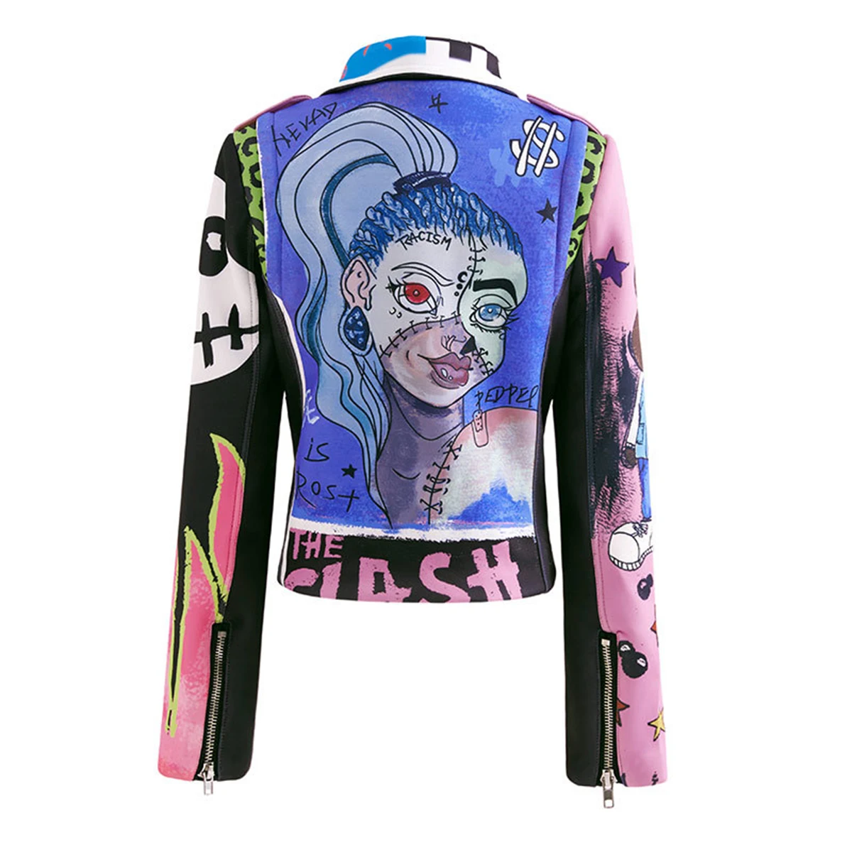 Fashion Women\'s Printed Space Cotton jacket Slim Fitting Streetwear Graffiti Motorcycle Rider Coat