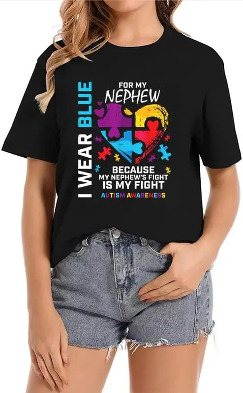 I Wear Blue for My Nephew Autism Awareness Crew Neck Casual Short Sleeve Vintage Summer Graphic T-Shirt for Women