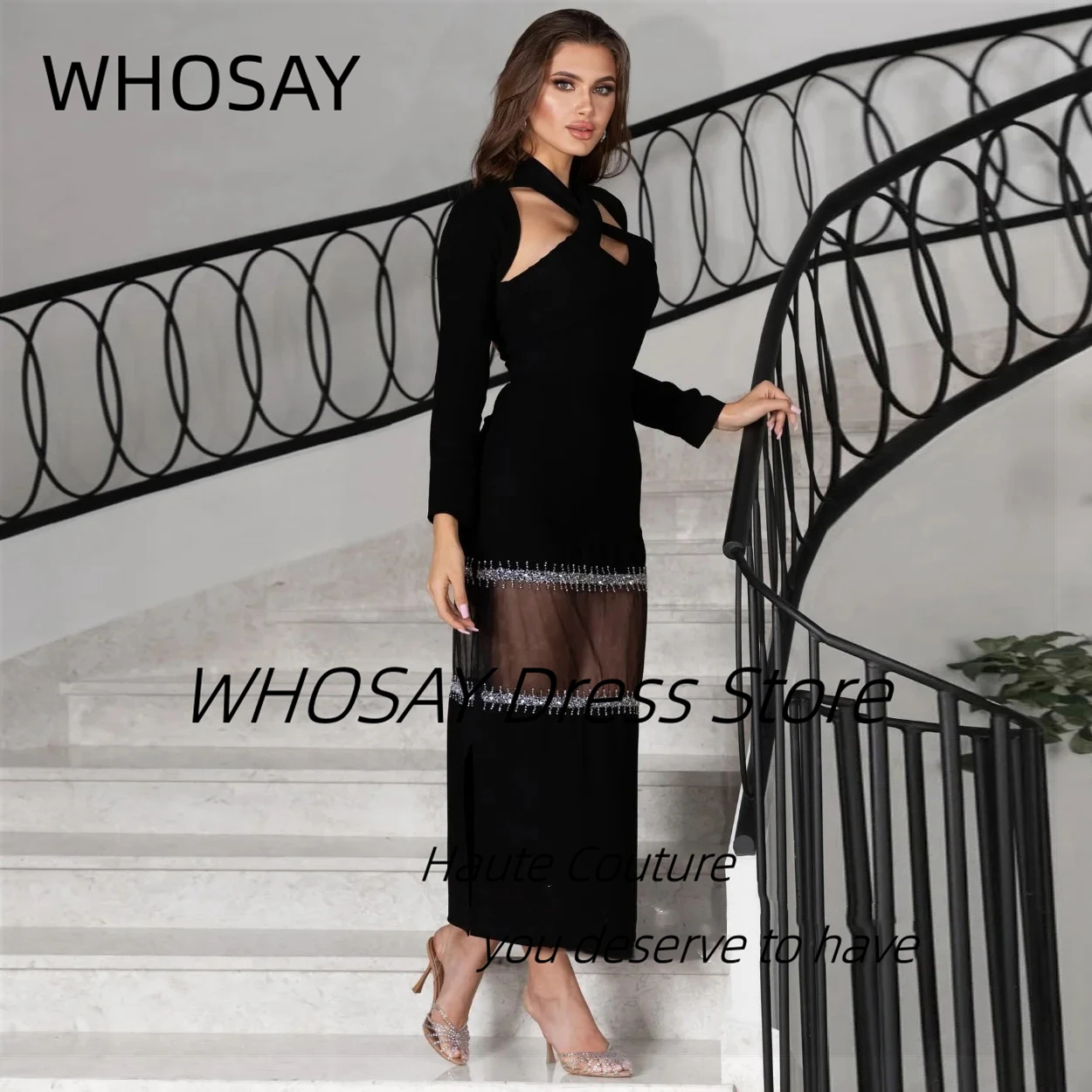 WHOSAY Customized Beaded See Through Prom Dresses 2025 Criss Cross Neckline Long Sleeves Evening Gowns Special Party Dress