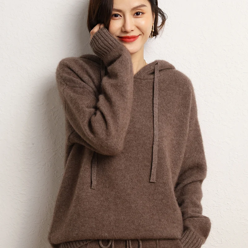 High-end 2022 Autumn/Winter Women\'s 100% Pure Cashmere Sweater Knitted Hooded Jumper Coat Lady\'s Thicken Pullovers Warm Tops