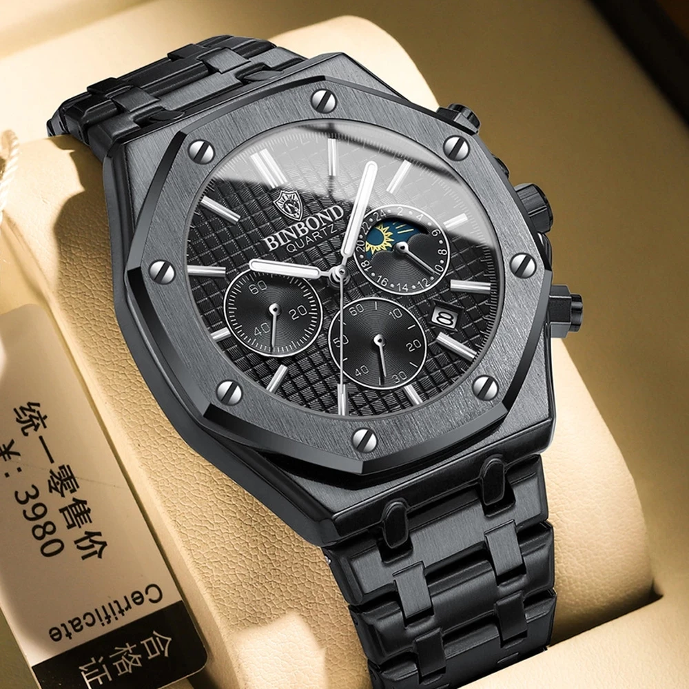 Top Brand Man Casual Watch Luxury Luminous BINBOND B0161 Wristwatch Stainless Steel Waterproof Men Date Calendar Clock