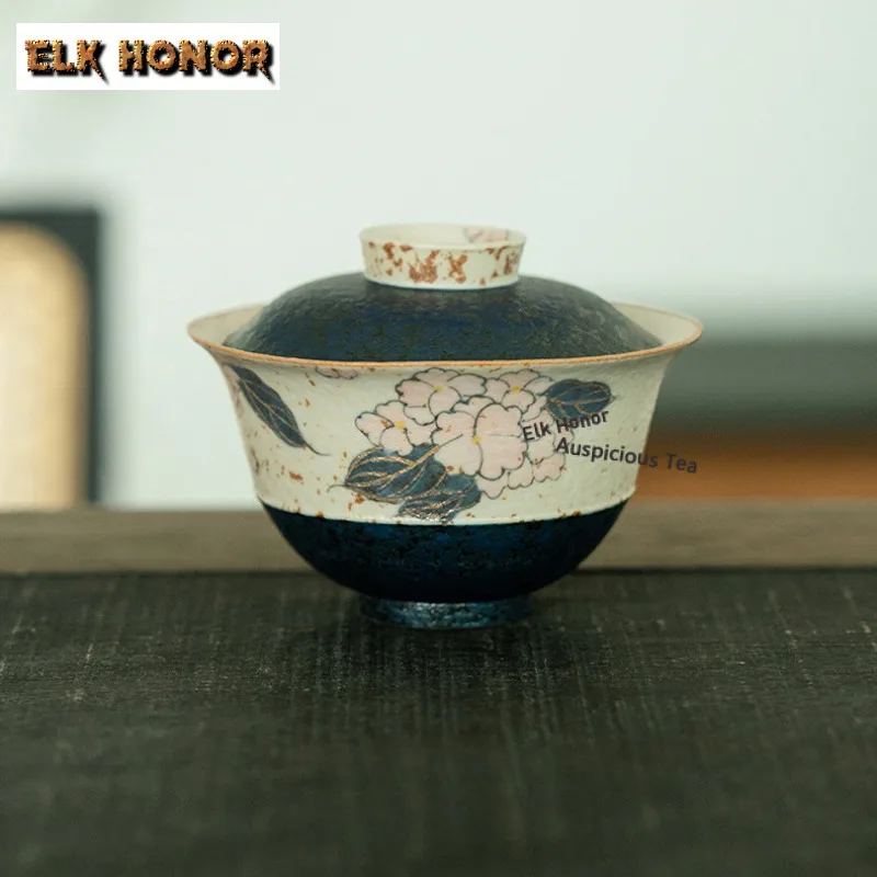 90ml Hand-painted Hydrangea Gold Drawing Gaiwan Creative Tea Tureen Tea Bowl With Lid Kit Tea Making Cover Bowl Cha Craft Gift
