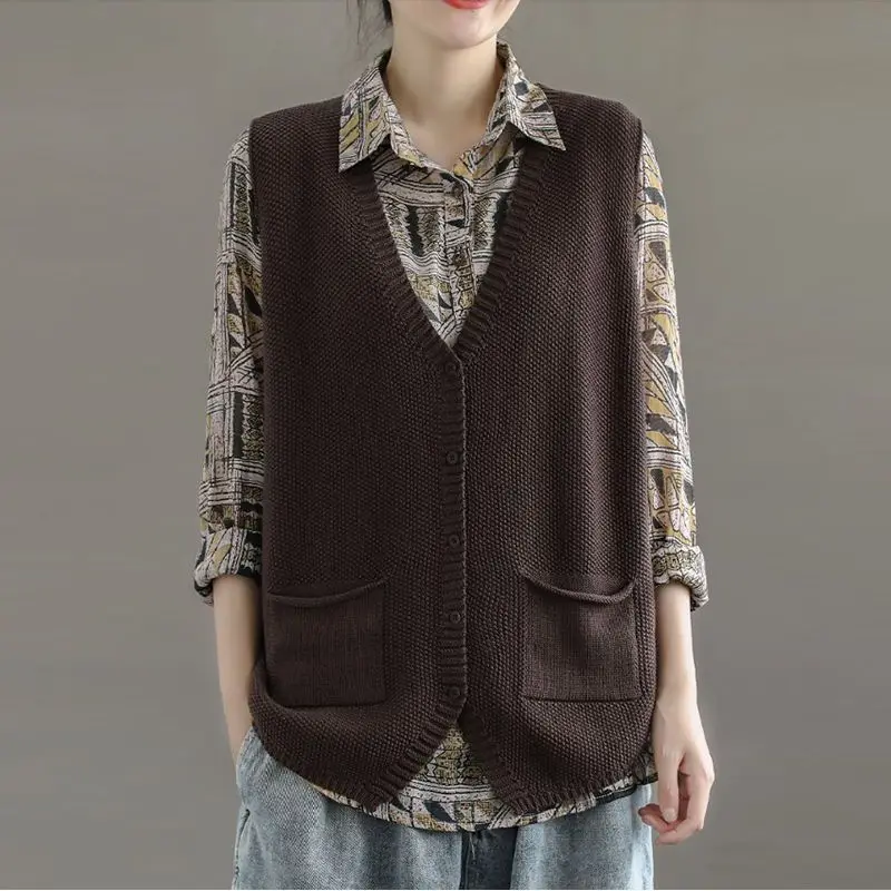 Autumn and Winter Women\'s V-neck Button Pockets Patchwork Solid Loose Sweater Fashion Casual Office Lady Sleeveless Vest Tops