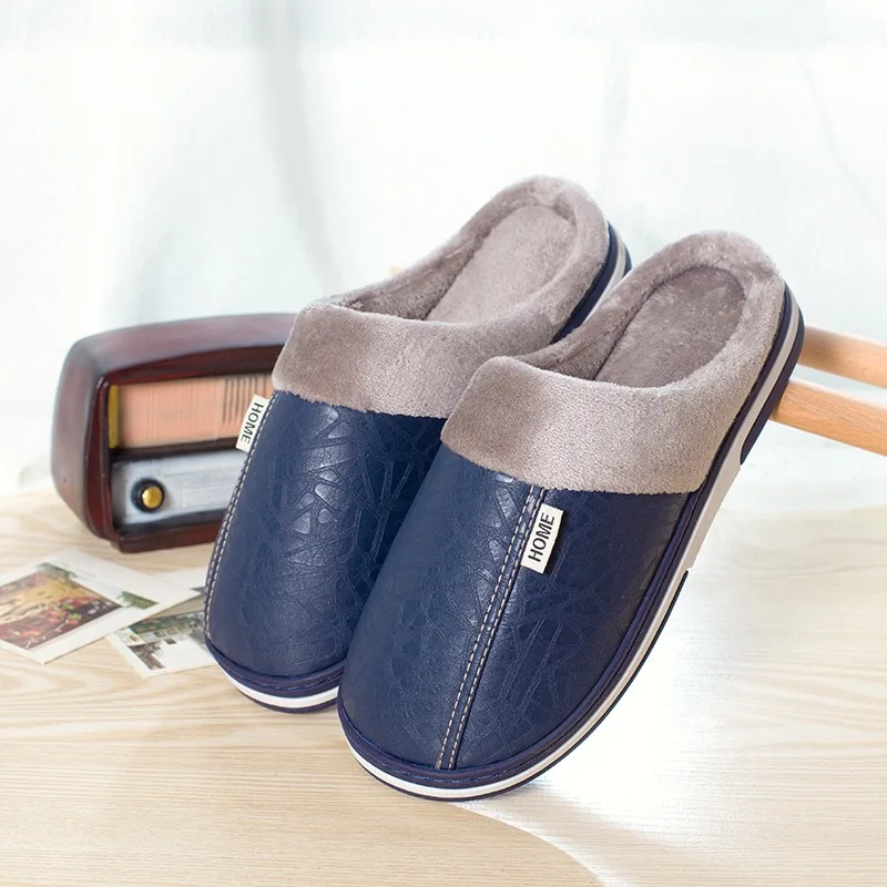 Zapatillas de piel sintética para hombre y mujer, zapatos de interior, impermeables, cálidos, para casa, de talla grande