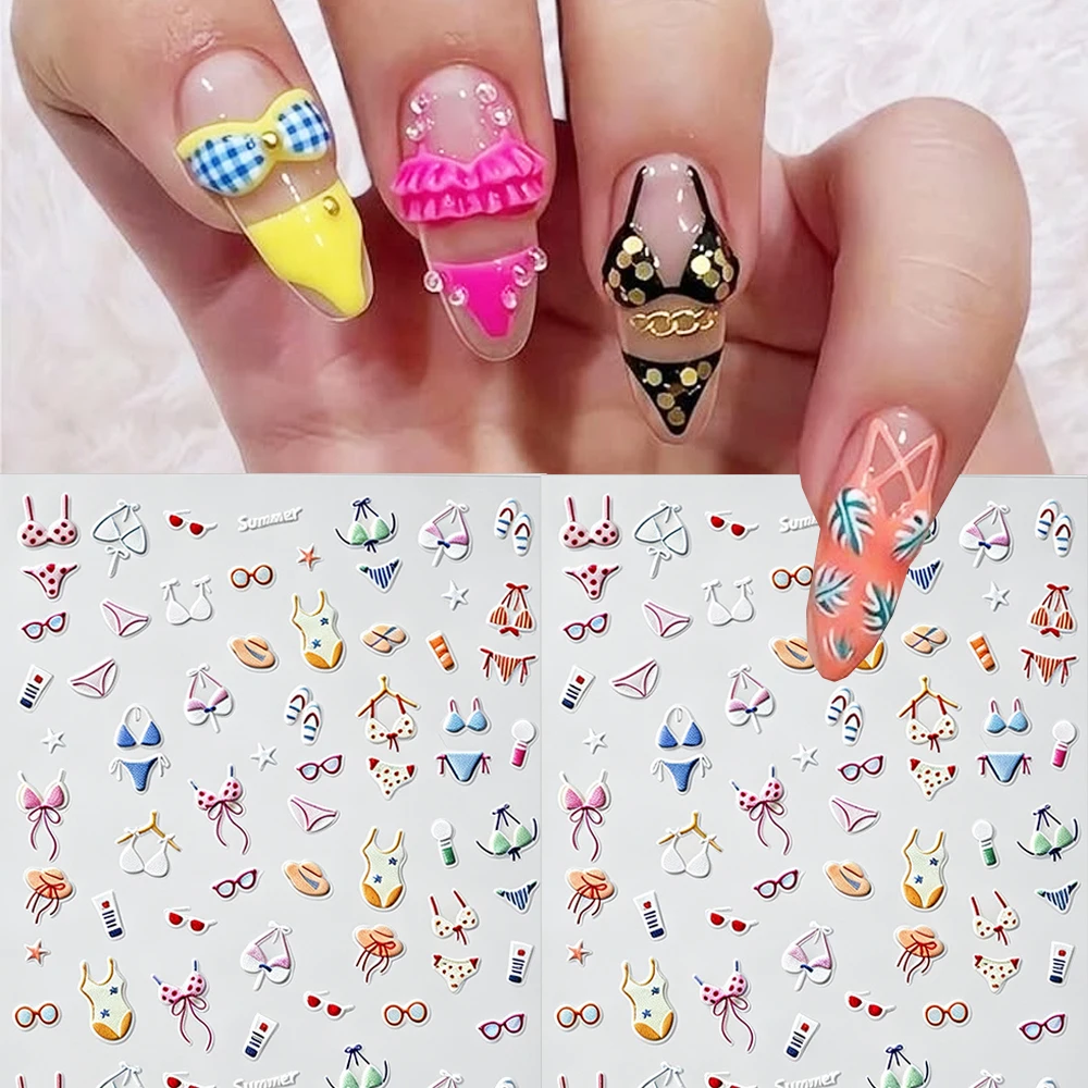 1/2Pcs 5D Embossed Beach Bikini Nail Sticker Cute Cartoon Polk Dot Bra Underwear Sunglasses Nail Decal Holiday Nail Decorations