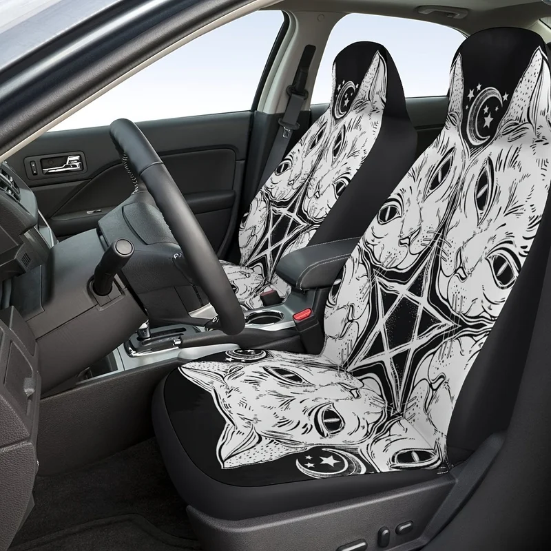 A Universal Black Cat Head Portrait with Moon And Star Print Car Seat Cover - a Stylish And Eye-Catching Vehicle Decoration