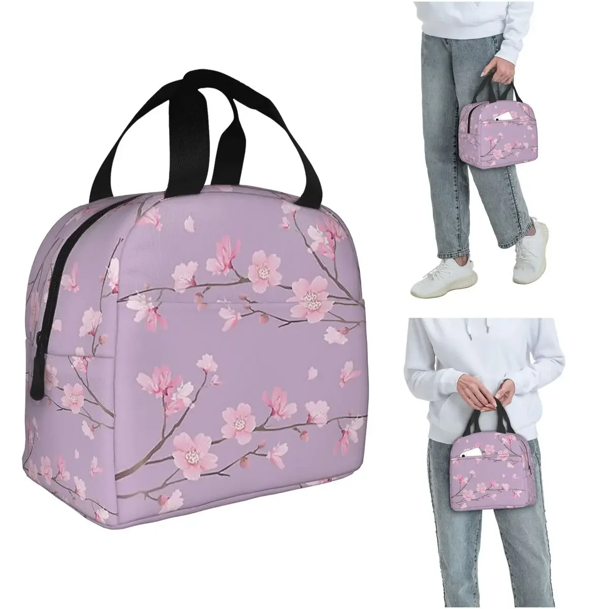 Cherry Blossom Flower Plant - Pastel Purple Insulated Lunch Bag for Women Kids Portable Food Boxes Thermal Lunch Box Tote