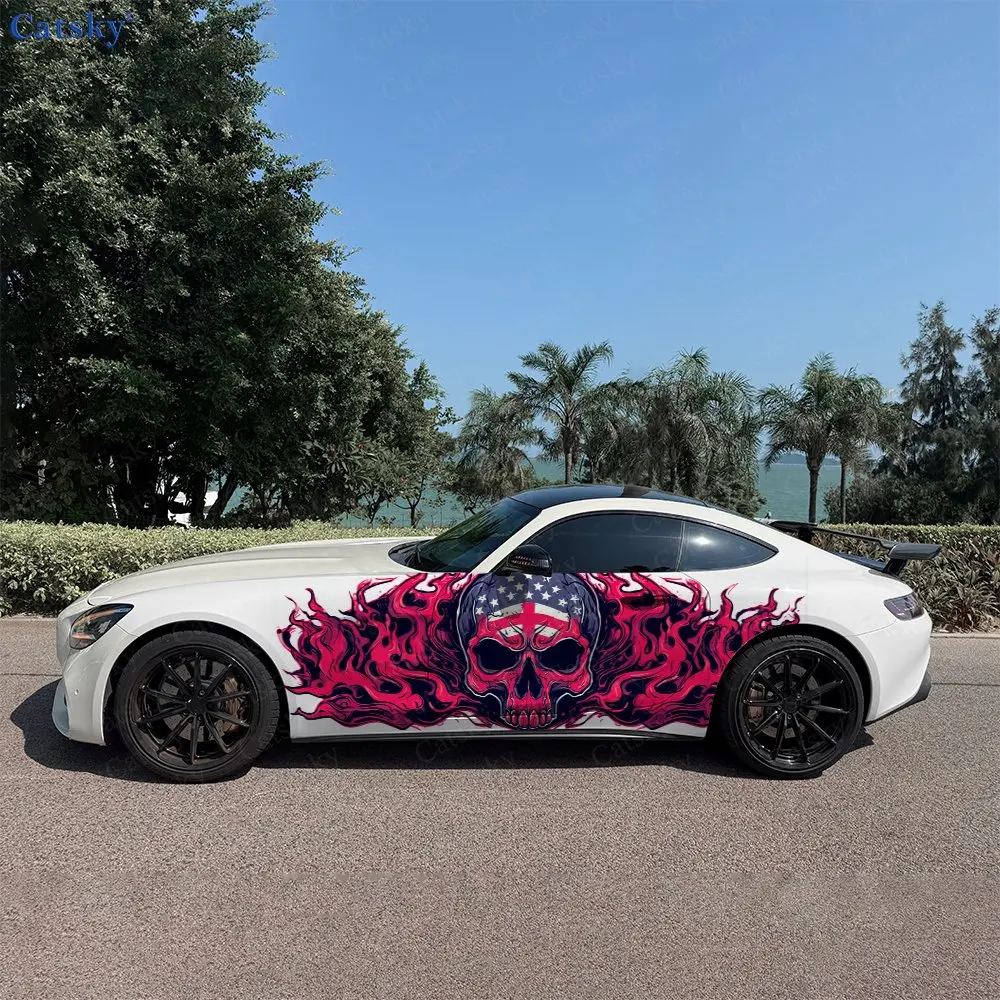 

2pcs Flame American Skull Car Sticker Full Body Decal Decoration Scratches Protect Car Sticker Waterproof Car Vinyl Wraps