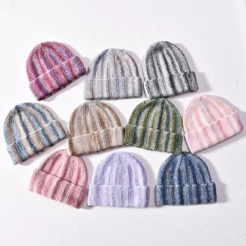 New Tie‑dye Gradient Knit Beanies for Women Multi‑Color Color‑Block Patchwork Warm Outdoor Winter Skullcap Hats for Men