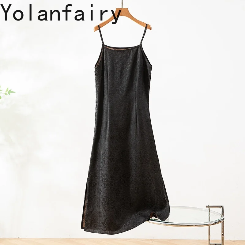 

YOLANFAIRY 100% Natural Mulberry Silk Dress for Woman Summer Retro Elegant Spaghetti Strap Dresses Side Zipper Black Base Dress