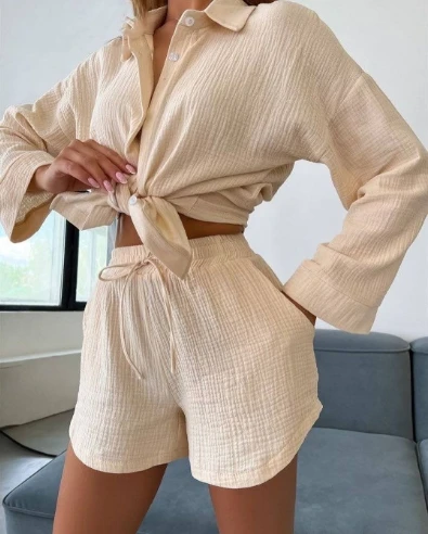 

Summer Women's Two Piece Sets Female Solid Button Lapel Long Sleeve Shirts and Loose Elastic Waist Short Sets Outfits for Women