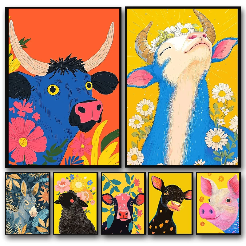 Animales coloridos, cerdo, ciervo, vaca, oveja y flores, arte abstracto, póster, impresiones en lienzo, pintura de pared, decoración del hogar para sala de estar, imagen