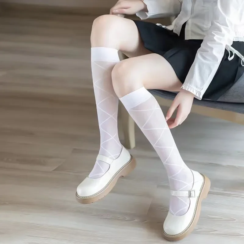 Criss Cross Pattern Calf Socks Dark Sheer All-match Knee High Socks Women's Stockings  Hosiery