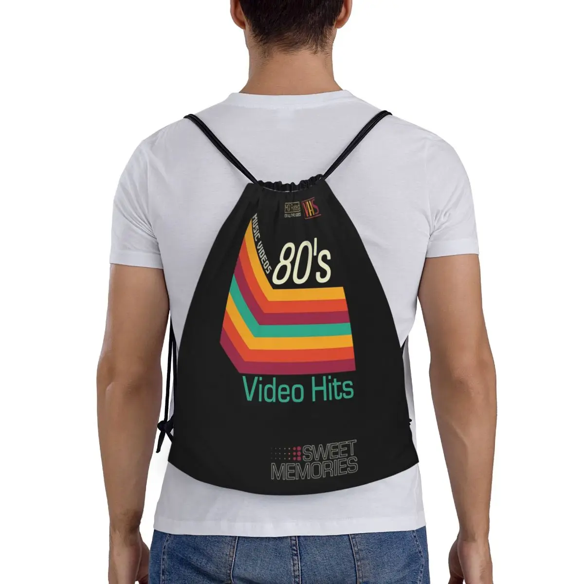 Mochilas Retro para Vídeos Musicais em Cassete VHS, Bolsa de Armazenamento com Cordão, Mochilas para Homens e Mulheres, para Escola