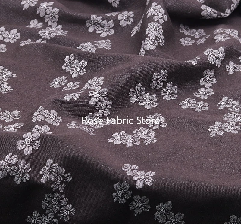 

1 meter vintage floral print brown washed denim fabric for denim jackets, jeans, dresses, and DIY sewing materials.