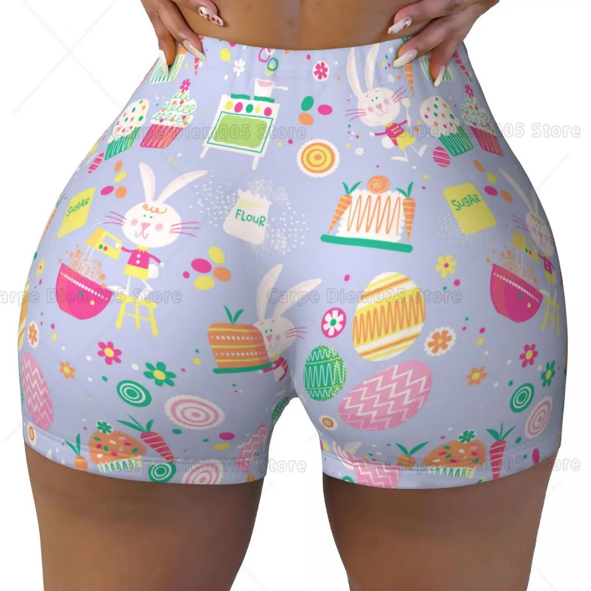 Cartoon Easter Egg and Bunny Women Shorts High-Waisted Stretch  Workout Scrunch Shorts Women Gym Exercise Running Shorts