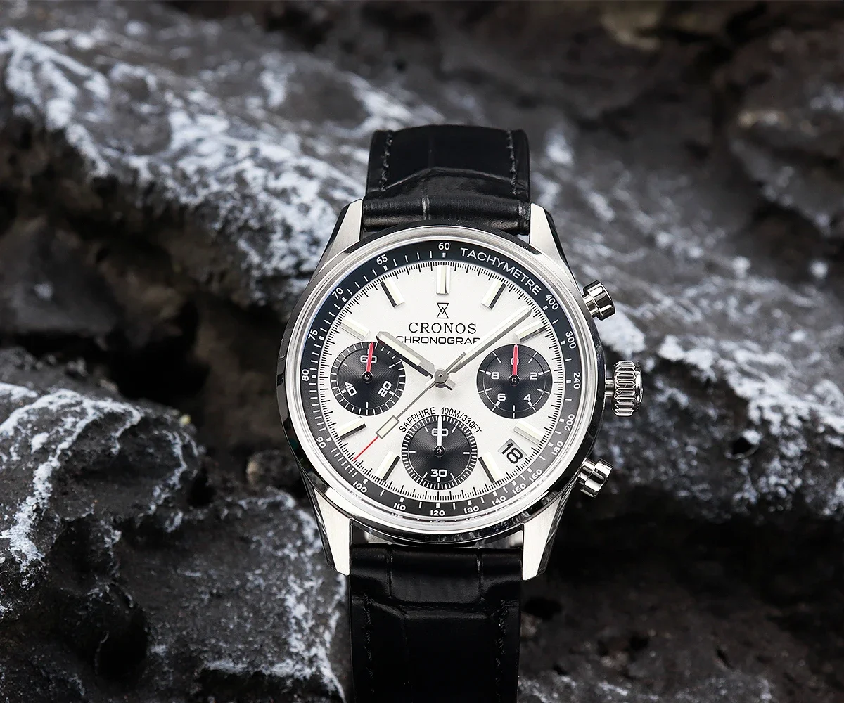 Cronos Chronograph Quartz Men Watch Miyota S620 Black&White Panda