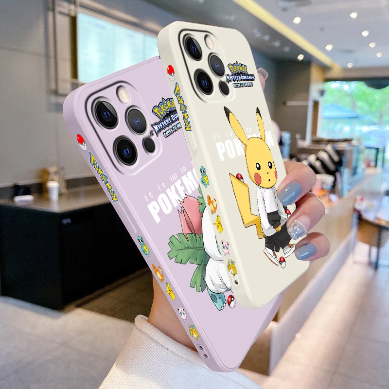 Pokemon Pikachu Bulbasaur Liquid Left Rope For Apple iPhone 15 14 13 12 11 XS XR X 8 7 SE Pro Max Plus Mini Cover Phone Case