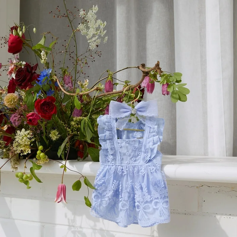

1/Set Pet Fashion Summer Lace Flying Sleeve Princess Dress Teddy Mesh Dress Dog Cat Thin Tank Top Bow Headpiece Puppy Clothes