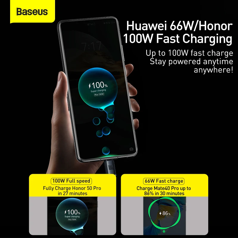 Baseus 100W Schnelle Lade USB Kabel Für Honor 50 Pro 66W 6A 40W USB Typ C Kabel für HUAWEI P50 40 Mate 40 Pro Ladegerät Draht Kabel