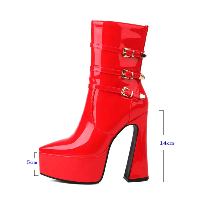 Black White Red Women Ankle Boots Platform Square High Heel Ladies Short Boots Patent PU Leather Pointed Toe Zipper Dress Boots