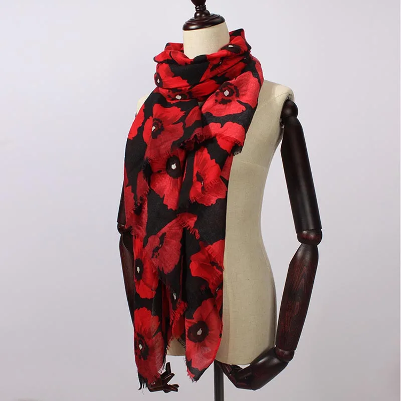 Fashion Vintage Cotton Big Poppy Print Scarf Hijab Long Women Flower Fringe Muffler Shawls Scarve Mix 5 Color