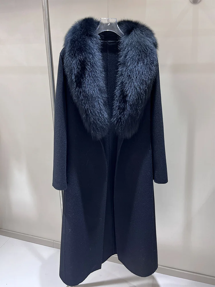 2025 Real Fox Fur Collar Winter Jacket Women Natural Wool Blends Long Coat Double Breasted Belt Warm Streetwear New Fashion