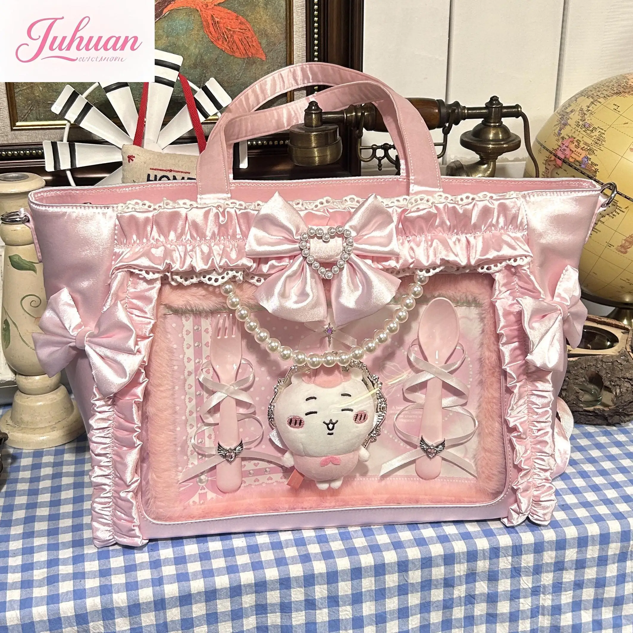 Japanese Lolita Satin Frilly Bow Pearl Lace Tote Bag women Sweet Large Capacity College Style Lta Bag Shoulder Handbag Ladies - Image 4