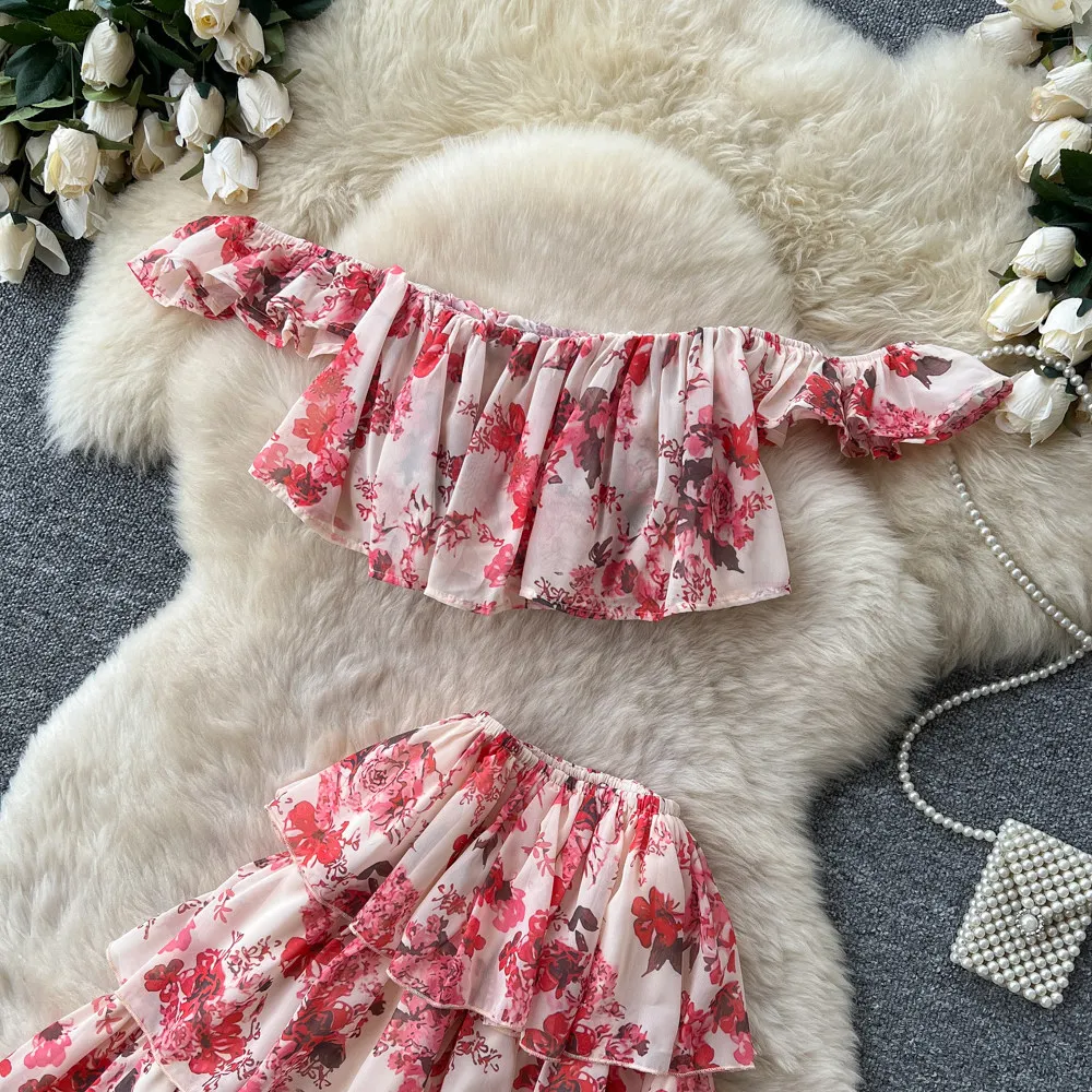 Women Two Piece Sets Cake Skirt Set Off Shoulder Print Floral Tops Long Skirts A Line High Waist Y2k Streetwear Elegant Slim Fit