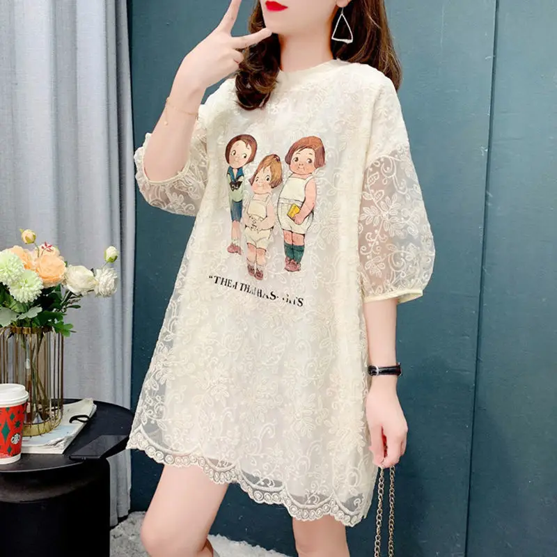 Streetwear Fashion Little Girl Printed Loose Shirt Summer Elegant Lace Hollow Out Women\'s Clothing Spliced O-Neck Midi Blouse