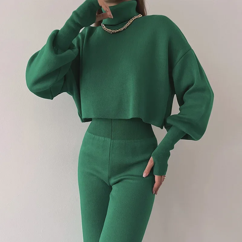 Elegant Turtleneck Top Pullover & High Waist Pants Suit Fashion Warm two peice sets Autumn Winter Solid Knitted Sweater Outfits