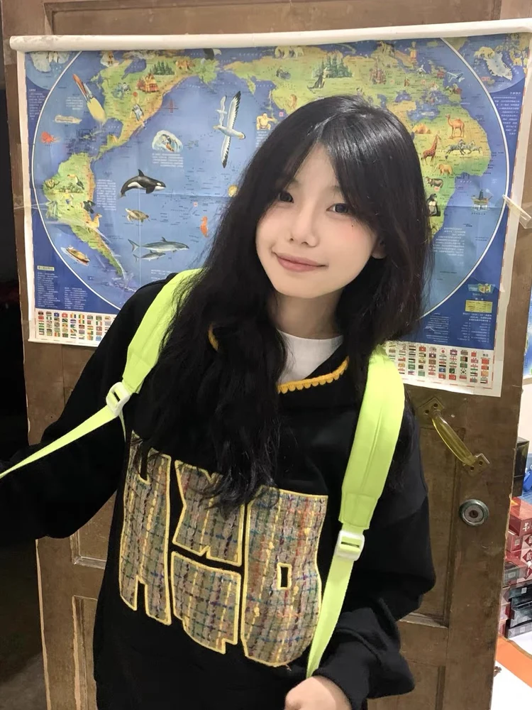 American Retro Patchwork Embroidery Hoodie Women's Spring Autumn Oversize Trendy Design Outerwear Comfortable Long Sve