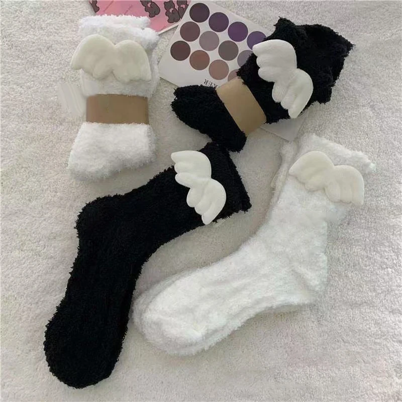 2Pairs Soft Breathable Middle Tube Socks Cotton Long Socks High Quality Stocking For Girls Women Thick Winged Socks Gifts