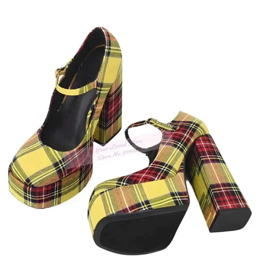 

Women Yellow/red Plaid Cloth Strange Chunky Heel Pumps Checkered High Platform Buckle Strap Banquet Shoes Mixed Color Footwear