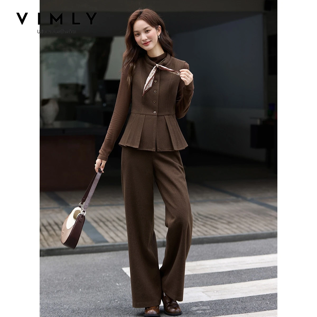 VIMLY Women Brown Three-piece Set 2026 Winter New Stand Collar Vest Basic Tops Long Pants French Style Commuter Outfit A3227