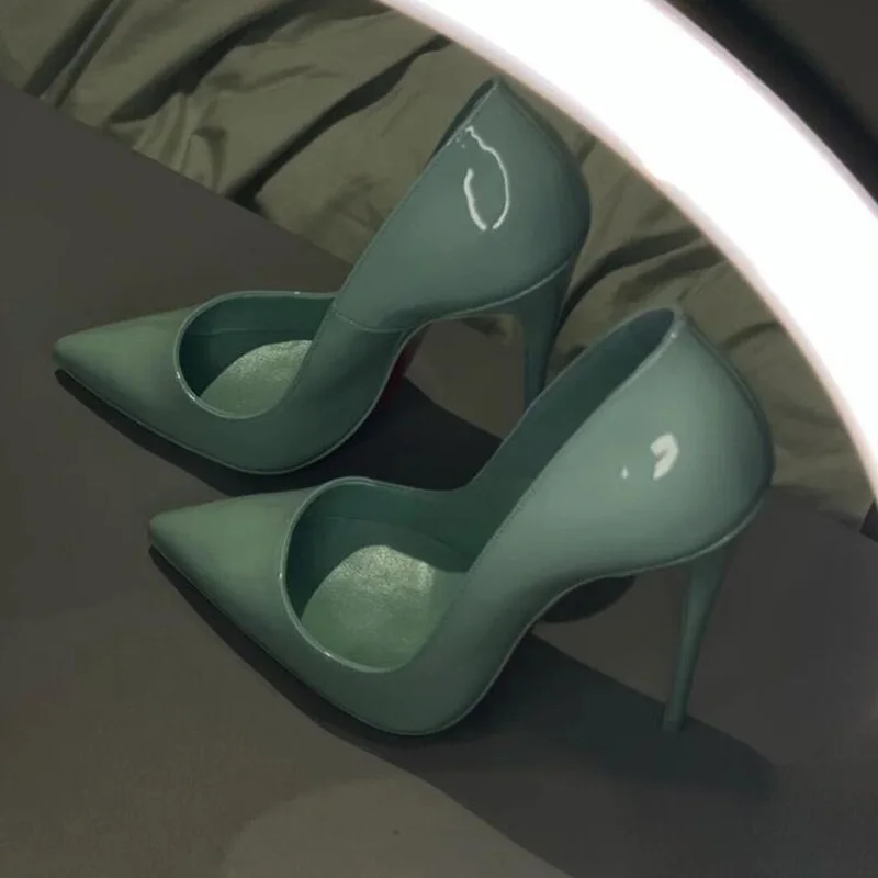 Blue Green Patent Leather Women Shoes 120MM Shallow Stiletto High Heels Pumps Slip On Pointed Toe Party Dress Shoes Size 46