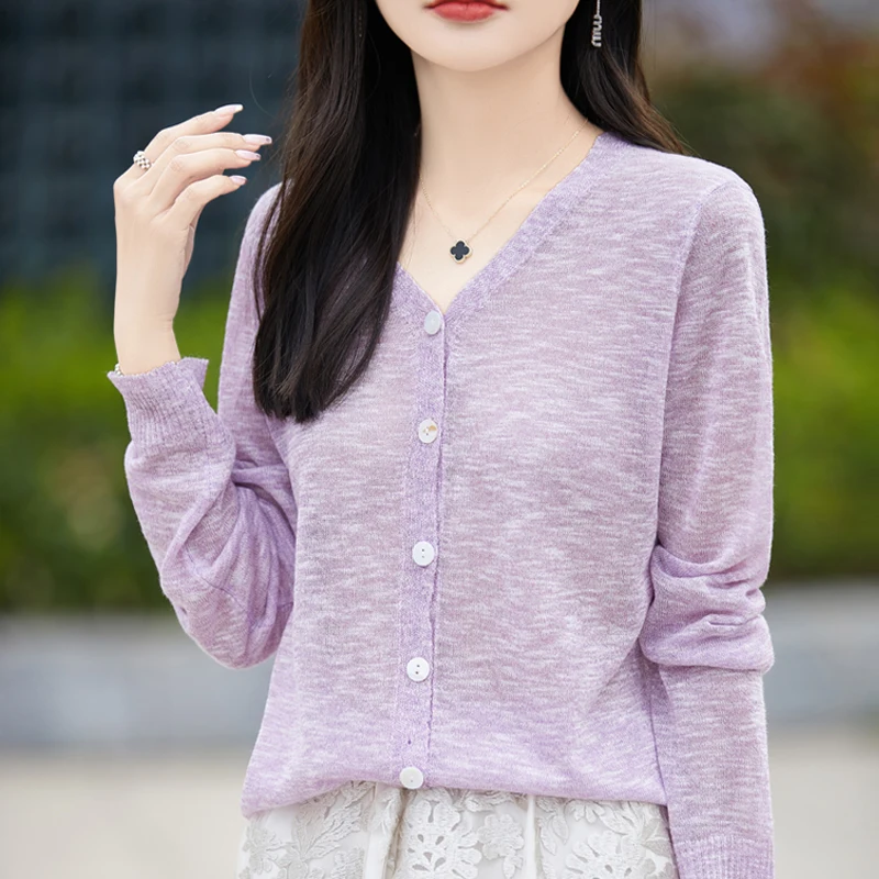 DjzDsm Spring And Summer Thin Ice Silk Knitted Cardigan Women's V-Neck Long Sleeve Coat Sunscreen Top Air Conditioning Shirt