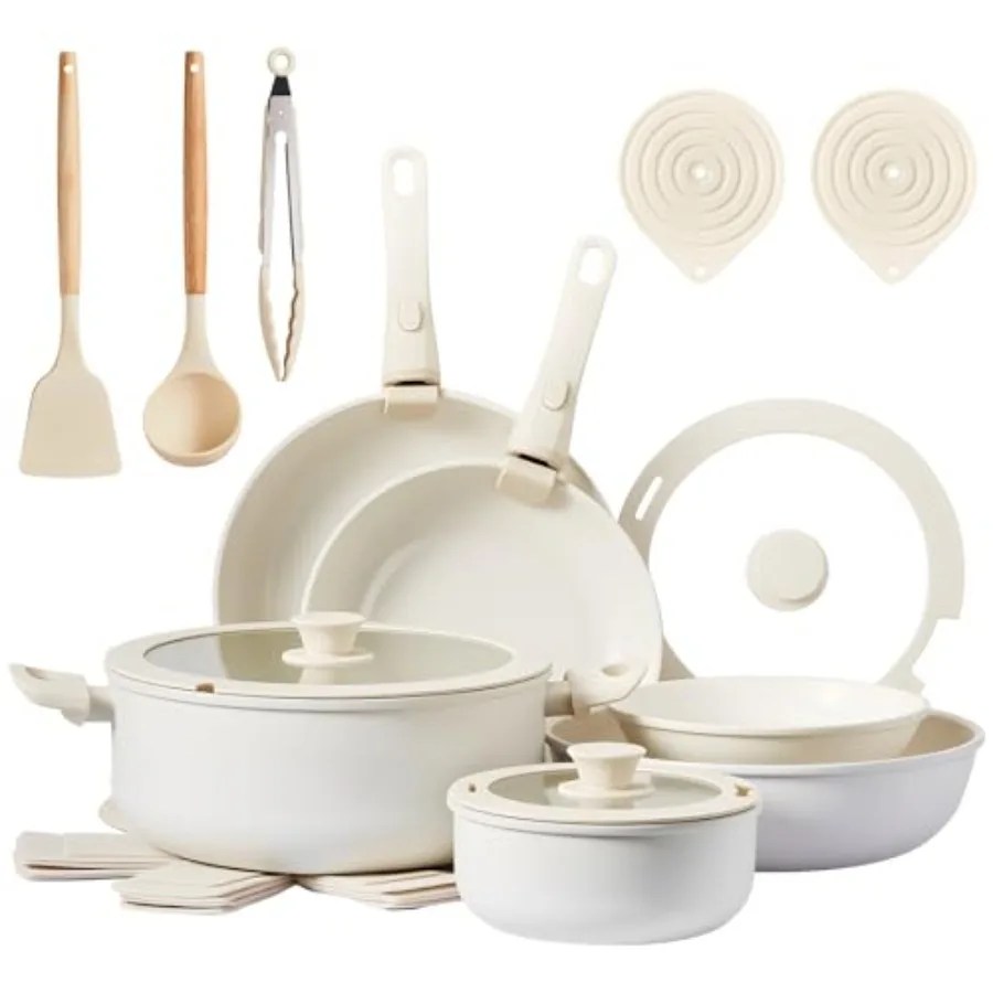 RV kitchen cooking set: nonstick cast aluminum pots and pans, 22 pcs, detachable handles, dishwasher safe, PFAS/PFOA/PFOS free