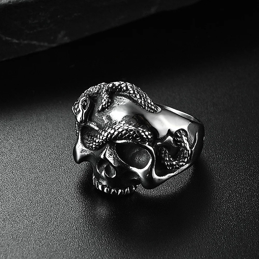 Image of Gothic 316L Edelstahl Schädel Schlange Ring Für Männer Punk Hip Hop Stahl/Gold Farbe Schädel Ringe Modeschmuck geschenk Großhandel