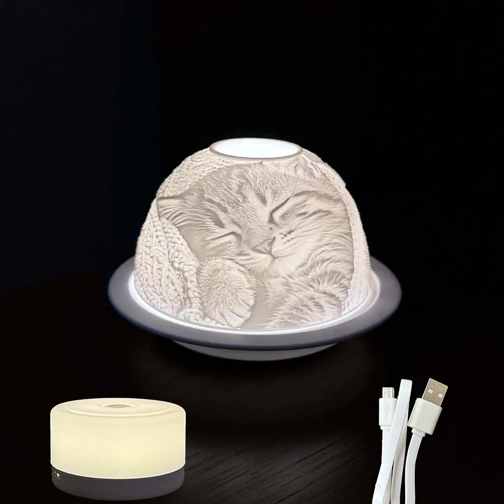 

2025 Cute Cat LED Light Electronic Lamp Ceramic Candle Holder Portavelas Christian Room Decorative Table Top Items Party Gifts