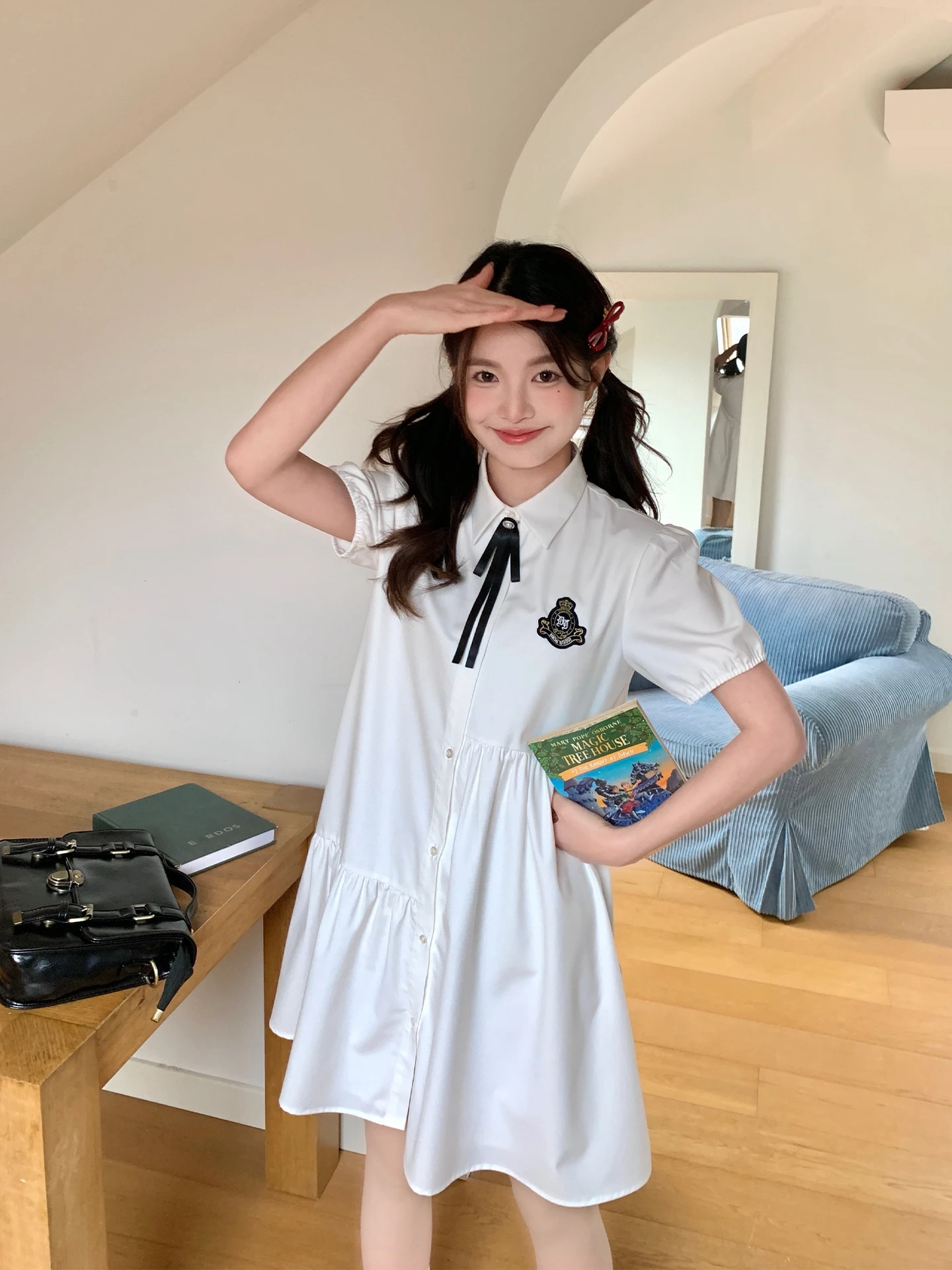 

Tokyo Annual Record Jk Embroidered Badge Shirt Dress Women's Small Size Summer College Style Loose White Skirt Dress