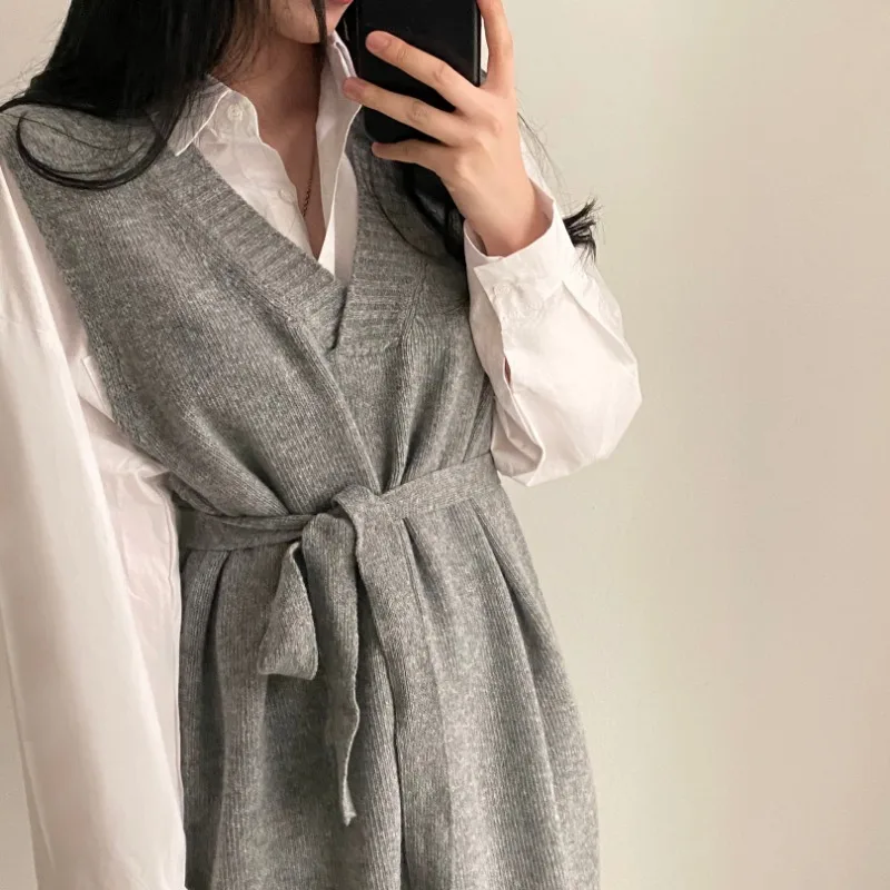 Fashion Elegant Knit Vest Dress+long Sleeve Simple Solid All-match Shirt 2024 Autumn Winter Korean Chic Woemn Suits