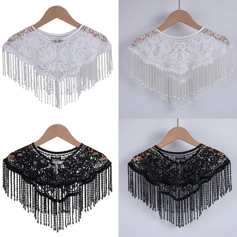 

X6HE Cloud Shoulder Shawl Handmade Beaded Tassels Trim Traditional Wedding Attires Dance Costume Accessory