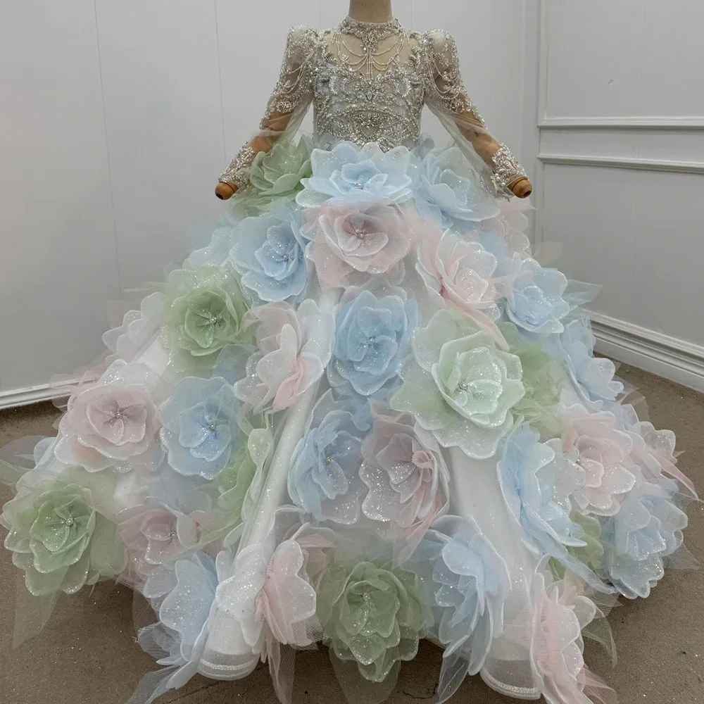 Customized Flower Girl Dress Turtle Long Sleeve Floor Length Beaded 3D Flower Wedding Gown For Kids Birthday And First Communion