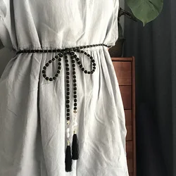 Black Women Belts Thin Tassel Rope Fashion Tie for Dress Bow Knot Ladies Waistband Chain Accessories