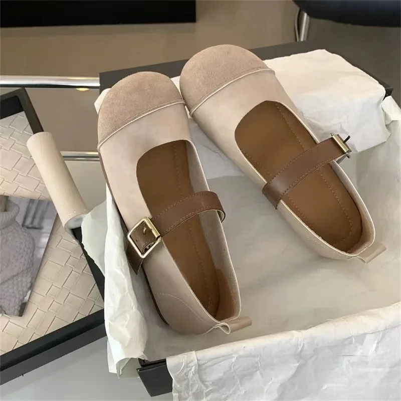 Women Flat Shoes Fashion Shallow Buckle Ladies Soft Shoes 2024 Spring Summer Imitation Deer Skin Mary Jane Shoes Flat Sandals
