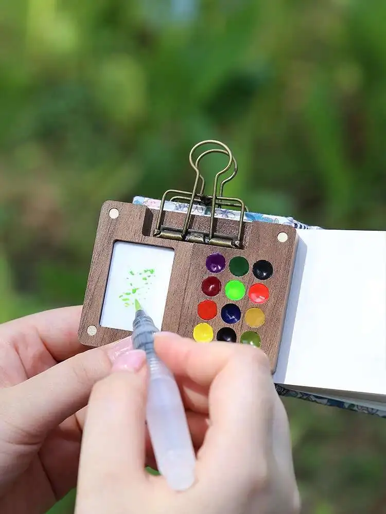 Mini  Drawing Tool Set Portable Travel  Walnut Wood Magnetic Watercolor Paint Box Art Drawing Notebook For Beginners