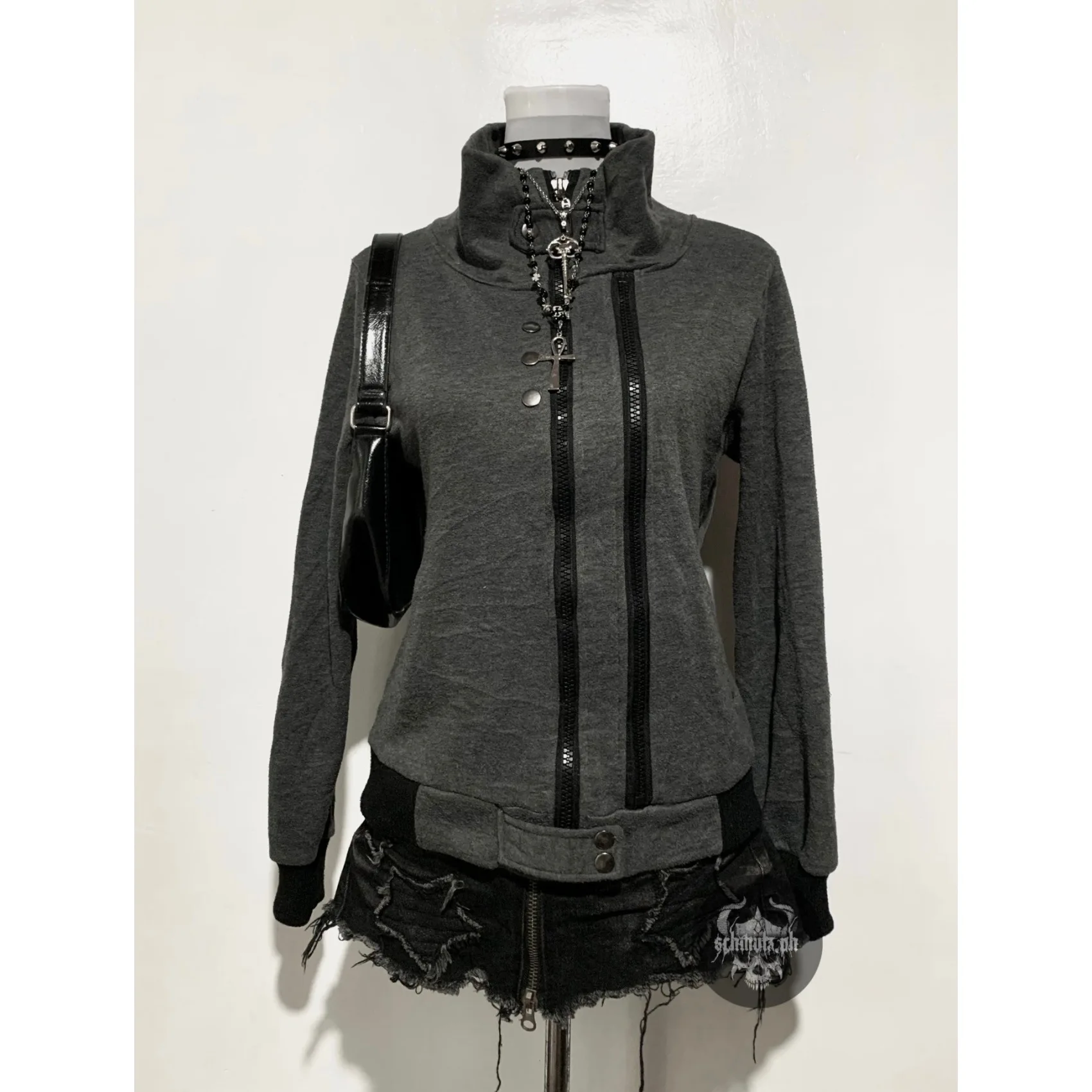 

Y2k Millennium American Retro Spring/Summer Leisure Multi functional High Street Stand up Collar Button Design Women's Hoodie