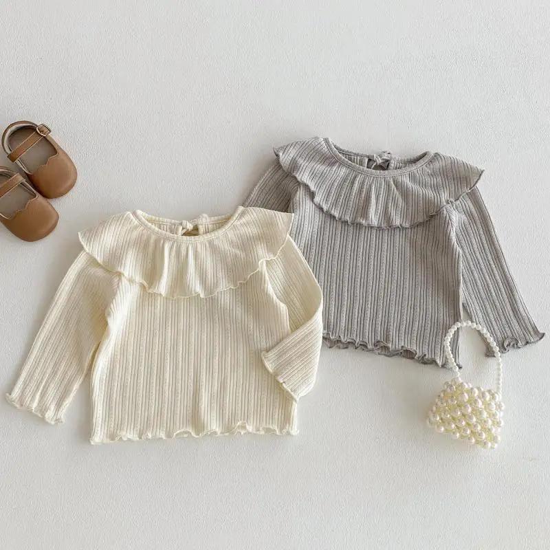 

2025 Autumn New Baby Girl Long Sleeve Ruffle Collar Bottoming Shirts Solid Infant T Shirts Girls Cotton Tops Toddler Clothes